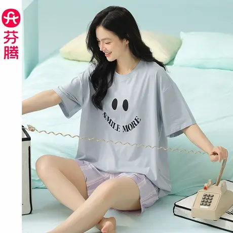芬腾纯棉女士睡衣夏季短袖短裤薄款套装可外穿休闲大码夏天家居服商品大图
