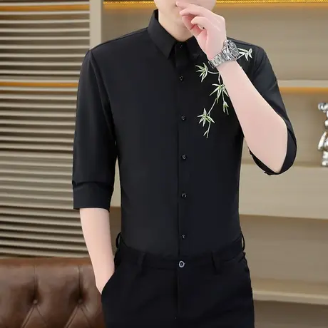 七分中袖男士刺绣中国风竹子衬衫夏季韩版潮流男装新中式垂感衬衣图片