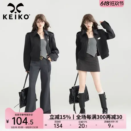 KEIKO 行政风黑色廓形休闲夹克女25春季美式廓肩翻领短款拉链外套商品大图