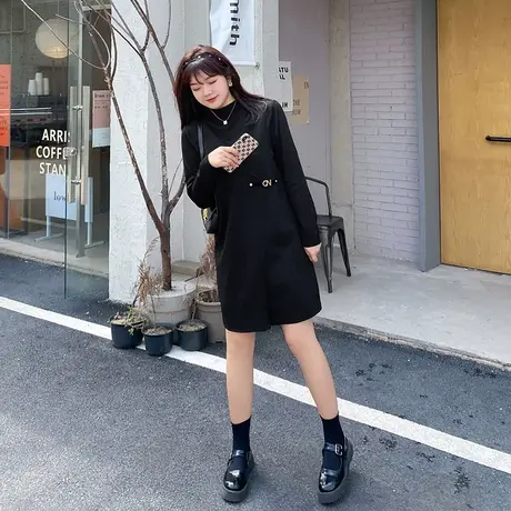 2021秋冬新款法式针织胖MM气质直筒连衣裙遮肉显瘦大码女装小黑裙图片