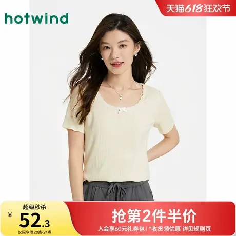 热风女士圆领短袖T恤上衣2025年夏季新款花边蝴蝶结短T恤蕾丝花边商品大图