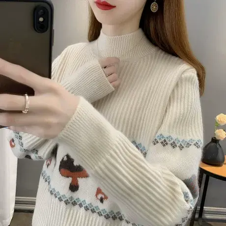 半高领毛衣女冬加厚秋冬2023新款复古提花针织上衣内搭打底衫女冬商品大图