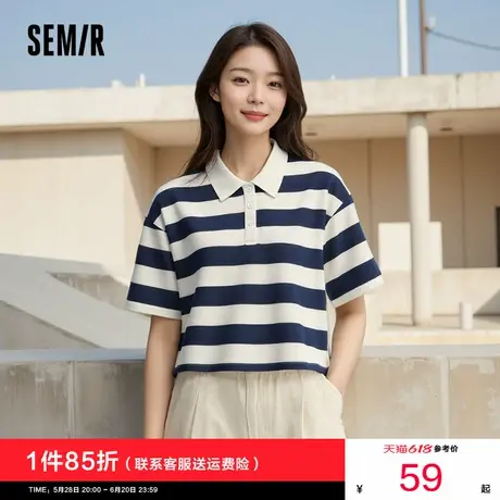 [商场同款]森马POLO衫女短款条纹复古宽松2025夏新款短袖翻领上衣商品大图