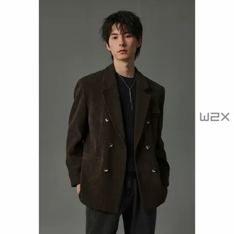 w2x秋冬季雪尼尔平驳领双排扣休闲西装外套男高级感痞帅西服单件商品大图