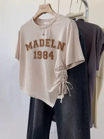 体恤女夏2023新款甜辣风修身短款T恤上衣ins潮抽绳不规则设计短袖商品大图