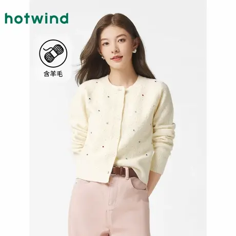 热风女装打底衫25春新款女士彩钻针织开衫圆领毛衣白色气质外套商品大图