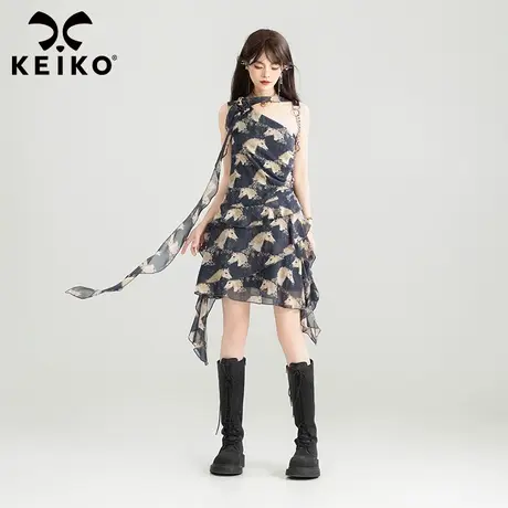 KEIKO 法式复古斜肩雪纺连衣裙25夏季艺术感穿搭不规则荷叶裙子商品大图