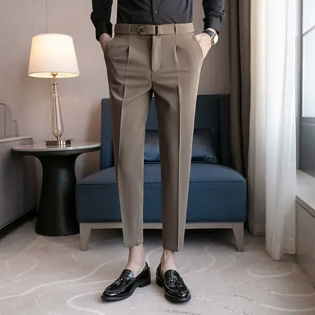 男士休闲西裤长裤九分秋季垂坠感商务正装修身秋款小脚西服裤子图片