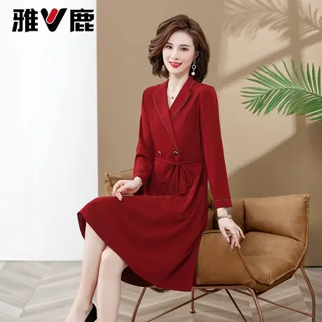 雅鹿妈妈时尚气质连衣裙女春秋新款女装修身减龄中老年V领长裙子图片