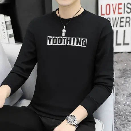 重磅纯棉黑色卫衣男潮流秋冬摇粒绒加绒加厚套头无帽上衣圆领长袖商品大图