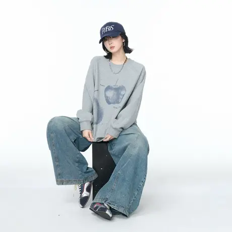 YEP插肩袖创意印花卫衣女2025春秋新款美式潮牌宽松情侣款上衣图片