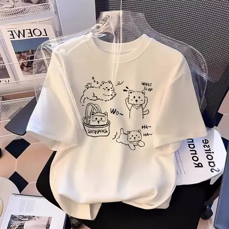 白色卡通纯棉短袖t恤女2025新款爆款高级感韩范夏季宽松半袖上衣商品大图