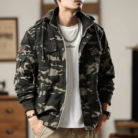 秋冬厚款耐磨外套户外休闲男士外套宽松迷彩连帽夹克外套商品大图