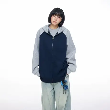 美式潮牌撞色双开拉链开衫连帽卫衣女春秋新款宽松休闲情侣款上衣商品大图
