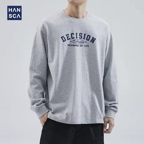 hansca260g重磅美式复古长袖t恤男秋季宽松圆领纯棉印花套头上衣商品大图