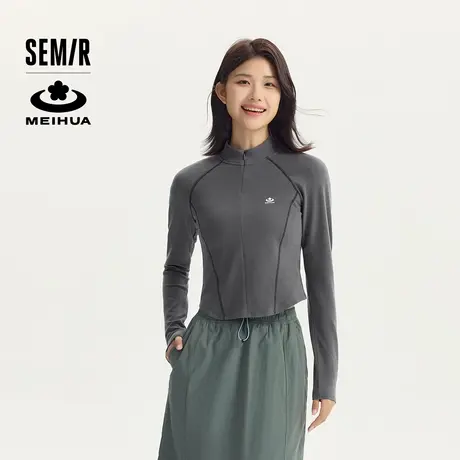 森马梅花系列长袖T恤女短款插肩袖立领紧身2024秋季新款磨毛上衣图片
