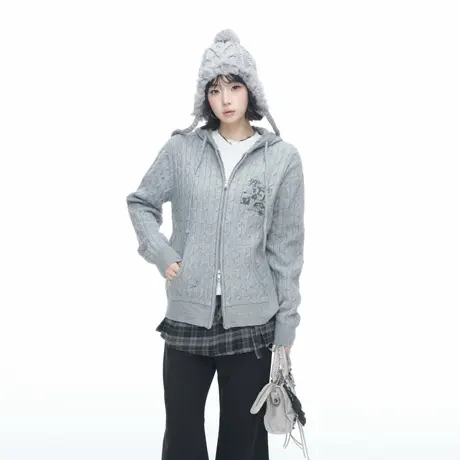 美式潮牌涂鸦印花拉链开衫连帽麻花针织毛衣女秋季新款宽松上衣商品大图