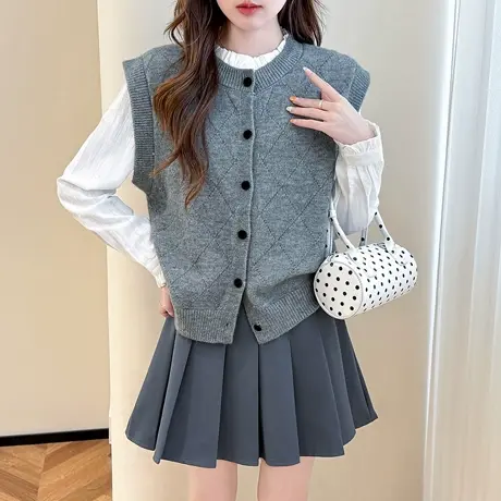 唐狮秋冬季女毛衣菱格设计圆领开衫马甲背心简约百搭款超好看TM图片