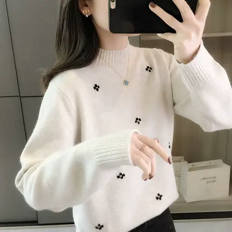 半高领毛衣女秋冬季2023年新款宽松打底衫上衣外穿绣花套头针织衫图片