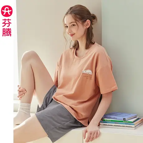 芬腾女士睡衣带胸垫夏季薄款纯棉短袖套装少女宽松休闲大码家居服商品大图