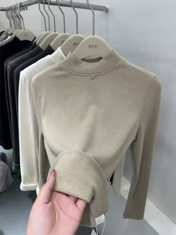 半高领软糯长袖T恤女2023年秋冬新款修身显瘦加绒加厚打底衫上衣商品大图