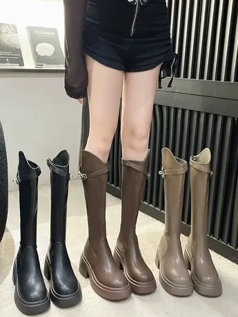 长筒靴女2023新款秋冬加绒厚底v口高筒骑士靴不过膝长靴子马丁靴商品大图