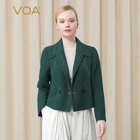 VOA60姆米重磅长空桑蚕丝长袖明线装饰一粒扣墨绿色OL风西装外套图片