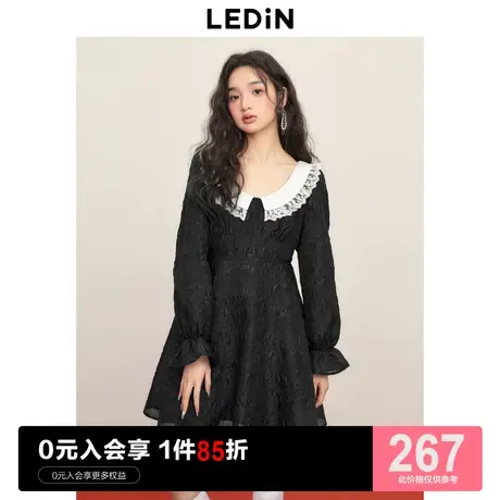 乐町甜美翻领连衣裙女秋冬2023春款女装黑色收腰a字裙子图片