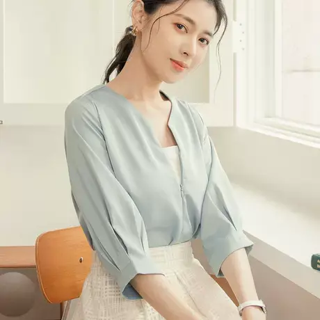桔熊春夏季通勤雪纺衫女气质微光泽修身V领泡泡袖上衣大码AB18210图片