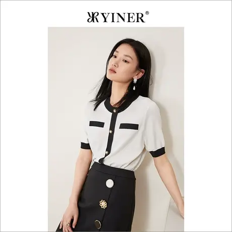 YINER音儿女装2022夏季新款法风撞色圆领针织开衫图片
