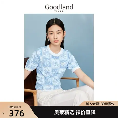 音儿美地女装2023夏季新款短袖蓝白蝴蝶提花圆领针织衫商品大图