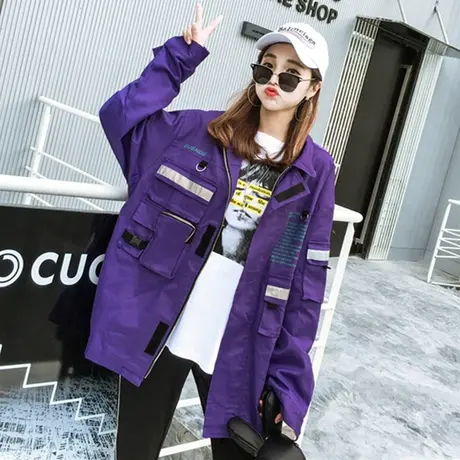 2023春秋情侣短款夹克外套女紫色飞行夹克上衣港风帅气紫色外套潮商品大图