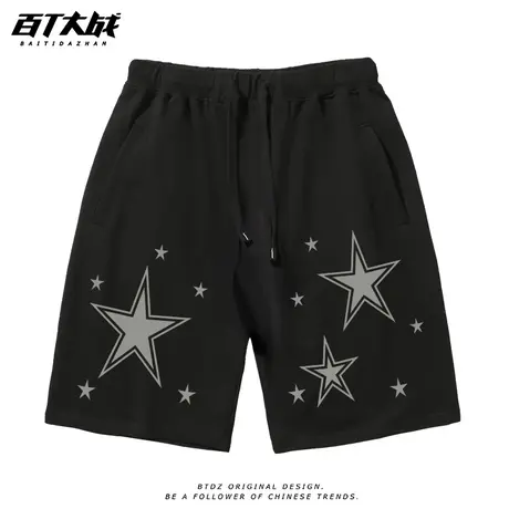 男士短裤外穿球裤美式潮牌星星复古运动黑色纯棉5分大码中裤子夏商品大图