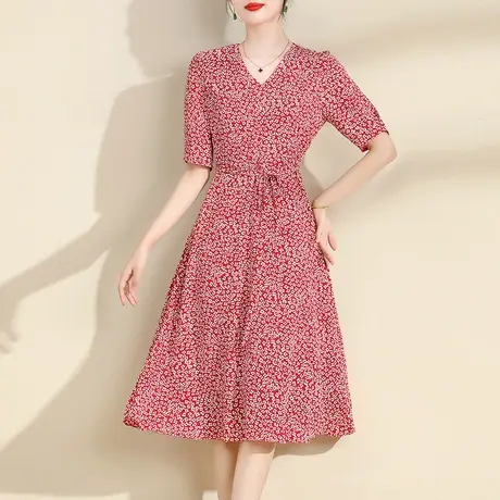 水墨青华2023夏季新款百搭显瘦印花裙时尚中长款短袖连衣裙女图片