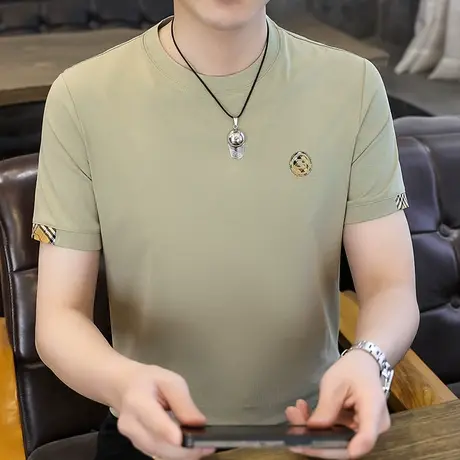 夏季男t恤修身冰丝圆领短袖体恤百搭纯色烫钻休闲半袖打底衫上衣商品大图