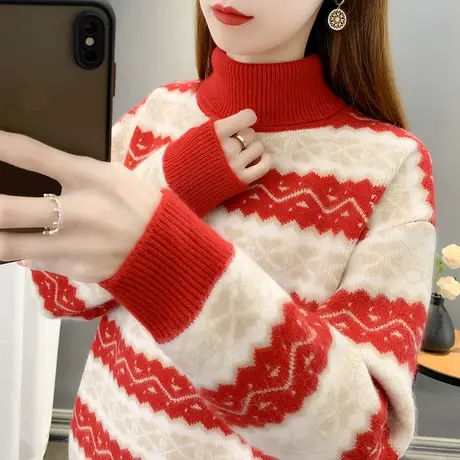 条纹毛衣女2023春装新款韩版宽松长袖针织衫套头厚款打底高领上衣商品大图