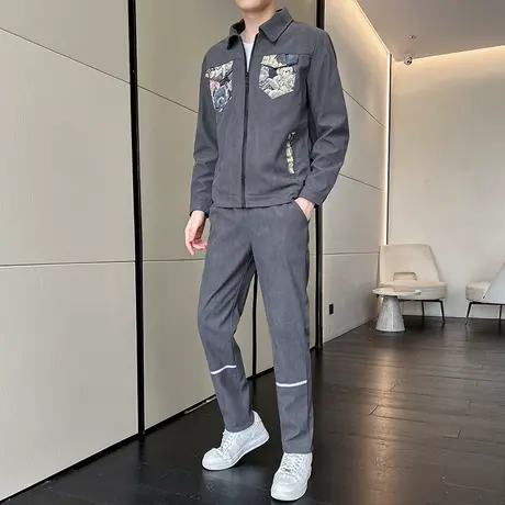 外套男春秋套装潮牌宽松休闲翻领夹克男装一套搭配秋装帅气两件套商品大图