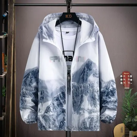 冰丝凉感防晒衣男士夏季轻薄透气连帽外套雪山印花户外钓鱼防晒服商品大图