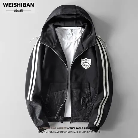 秋冬立领运动拼接牛仔夹克男潮宽松长袖连帽卫衣情侣百搭ins外套商品大图