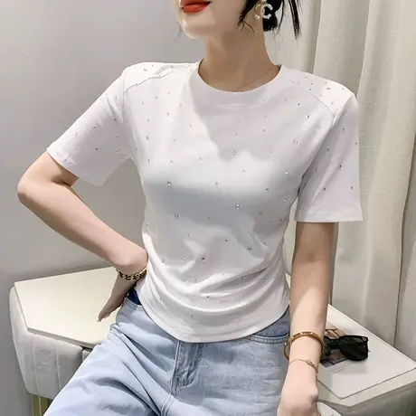 欧货洋气短款T恤女短袖2023夏装新款设计感网红上衣百搭纯色小衫商品大图