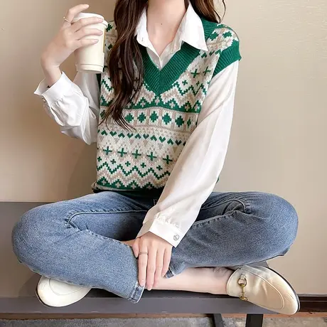 春装2023年新款上衣女士套头网红背心V领复古毛衣针织衫马甲外搭商品大图