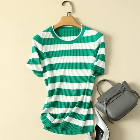 冰丝针织衫短袖t恤女2024春夏新款圆领修身显瘦薄款打底衫女上衣图片