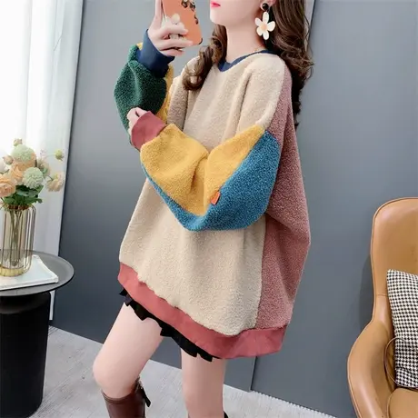 潮牌拼色羊羔毛加绒加厚卫衣女2023年新款秋冬洋气减龄高级感上衣商品大图