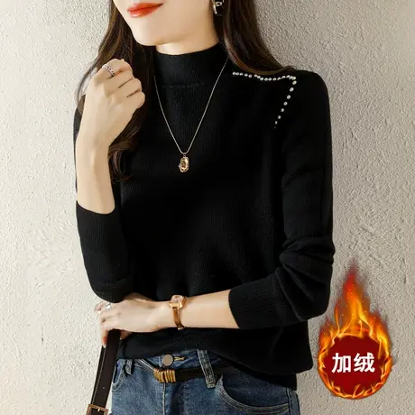 2023新款秋冬季一体加绒加厚打底衫女士半高领套头毛衣内搭针织衫商品大图