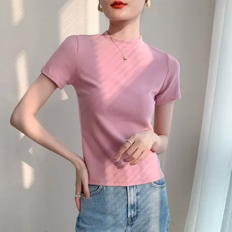 修身显瘦小领口T恤2025春季新款西装内搭纯色简约百搭短袖打底衫商品大图