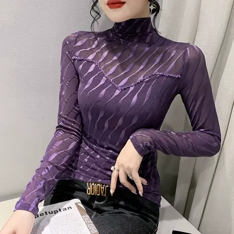 网纱高领打底衫女秋冬新款加绒性感气质修身T恤长袖时尚钉珠上衣商品大图