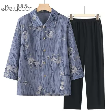 妈妈装夏装2023新款衬衫女中老年人夏季套装老太太上衣大码奶奶装图片