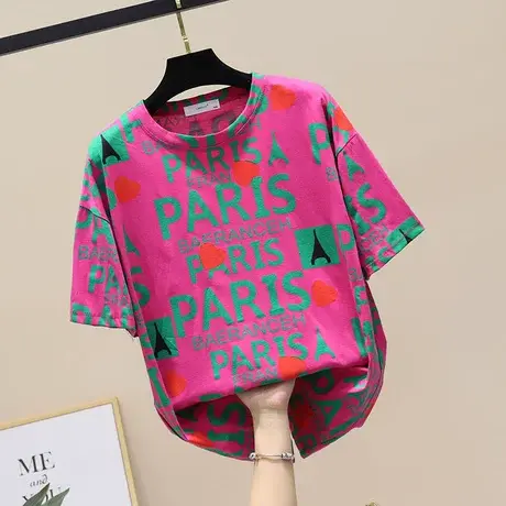 绿色印花T恤女短袖打底ins潮牌设计感宽松大码上衣夏2023新款欧货图片