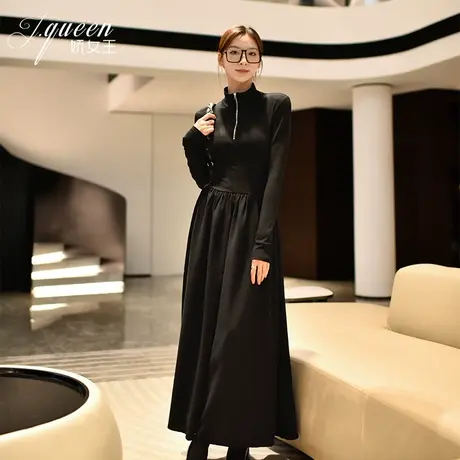 黑色连衣裙女春季新款气质名媛修身显瘦打底内搭高领露背拼接长裙图片