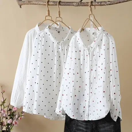 日系文艺衬衫女2023年秋季新款长袖上衣宽松外套打底双层棉纱衬衣商品大图